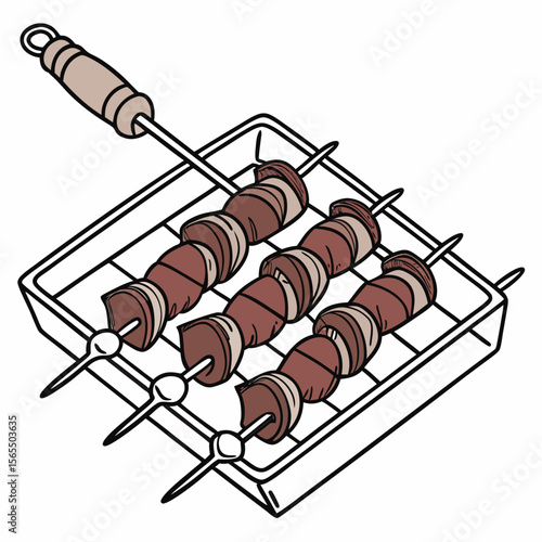 Meat and onion skewers on grill cooking