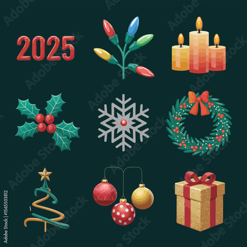 vector Happy New Year Celebrating 2025 in Latin letters , Christmas Decoration Items Santa Claus
