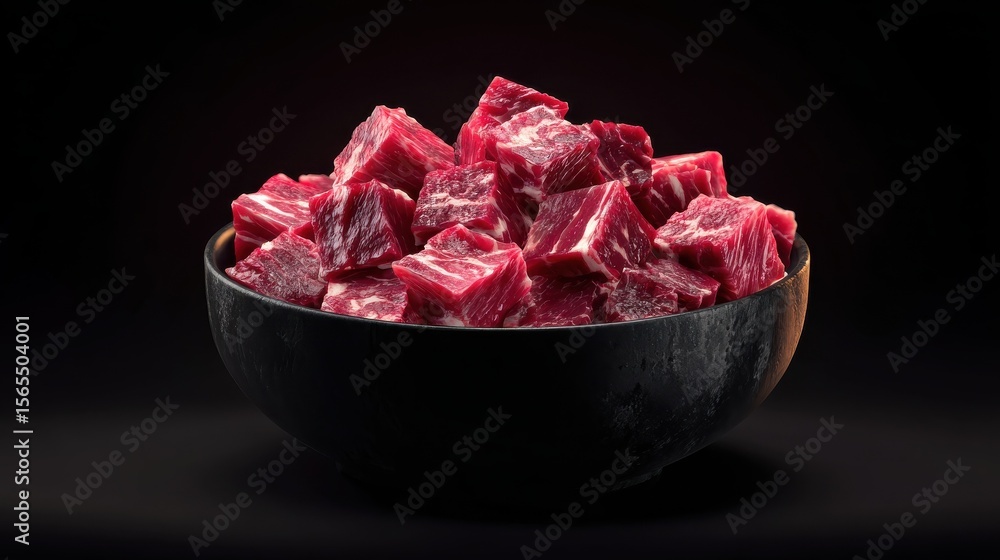 Raw, cubed beef pieces arranged in a dark bowl. Raw, cubed beef pieces arranged in a dark bowl.