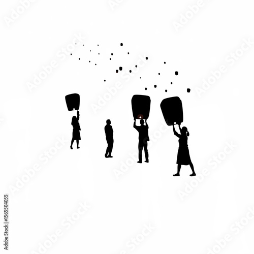 Silhouette of people releasing sky lanterns during a festival on white background