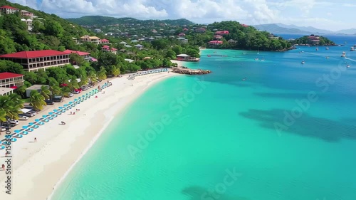 Serene aerial view of St Thomas beach showcasing turquoise waters and lush green hills, St Thomas beach aerial view