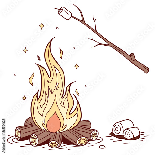 Campfire with roasting marshmallow and logs stick