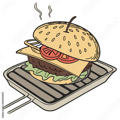 Juicy burger cooking on grill hamburger food