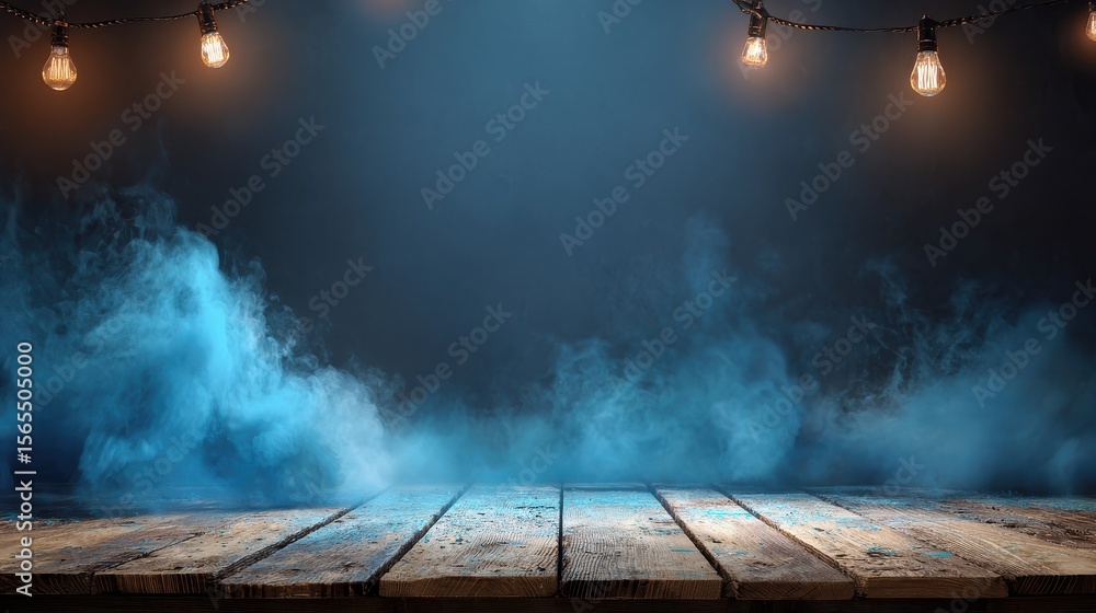 Obraz premium Wooden stage with blue smoke and spot lights. Presentation concept, no logos, no brands