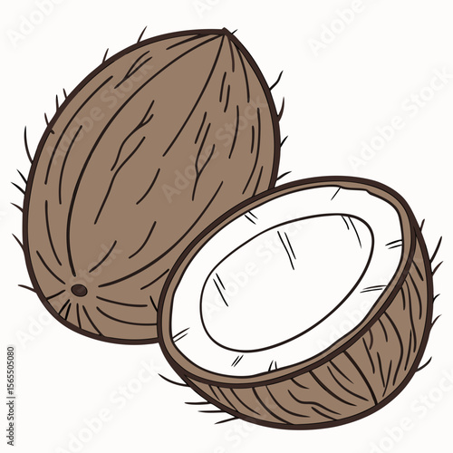 Whole and halved brown coconuts tropical fruit
