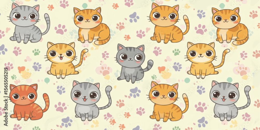 Cute Kawaii Cats Seamless Pattern with Colorful Paw Prints on Cream Background Cute Kawaii Cats Seamless Pattern with Colorful Paw Prints on Cream Background