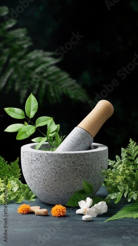 Herbal Medicine Preparation with Mortar and Pestle