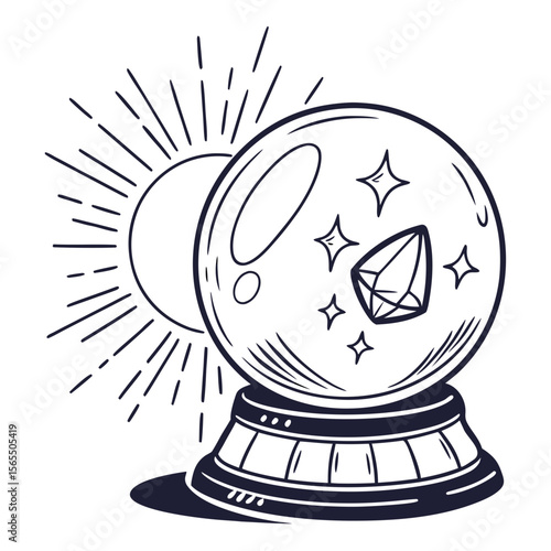 Crystal ball with sun rays and gem fortune telling
