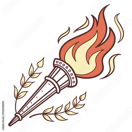 Fiery torch with laurel branches flame fire