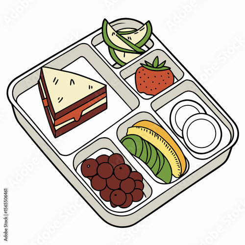 Lunch tray with sandwich fruit and eggs strawberry