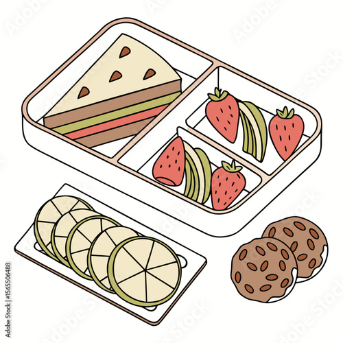 Bento box with sandwich fruit and cookies strawberries