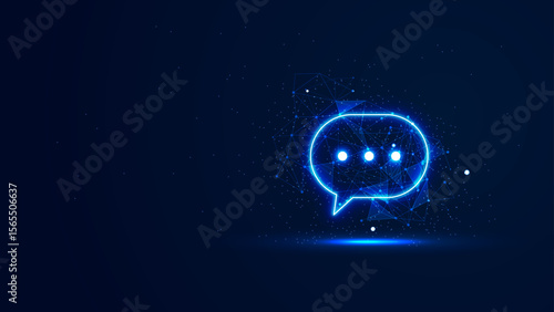 Futuristic virtual social media chatbox in the blue neon light style. 3D message speech bubble with particles and plexus lines. Digital technology illustration concepts on a dark background