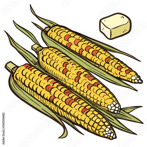 Corn cobs with butter yellow green