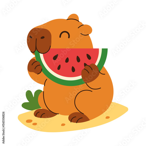A cartoon of a brown capybara eating a watermelon