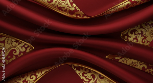 Deep red background with fabric-like textures and embossed golden elements, luxurious oriental style.