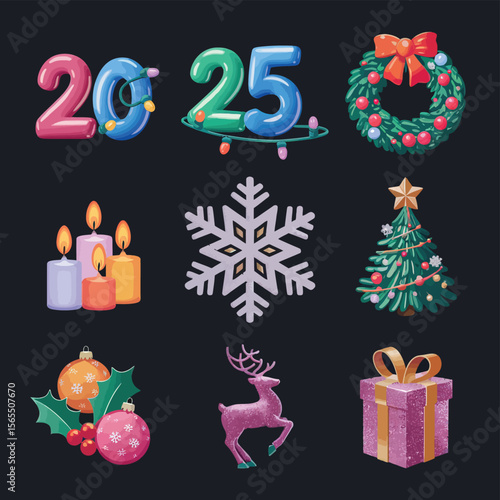vector Happy New Year Celebrating 2025 in Latin letters , Christmas Decoration Items Santa Claus
