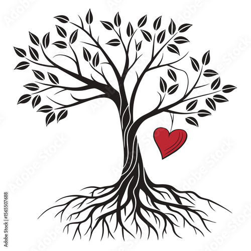 Black tree with red heart love roots