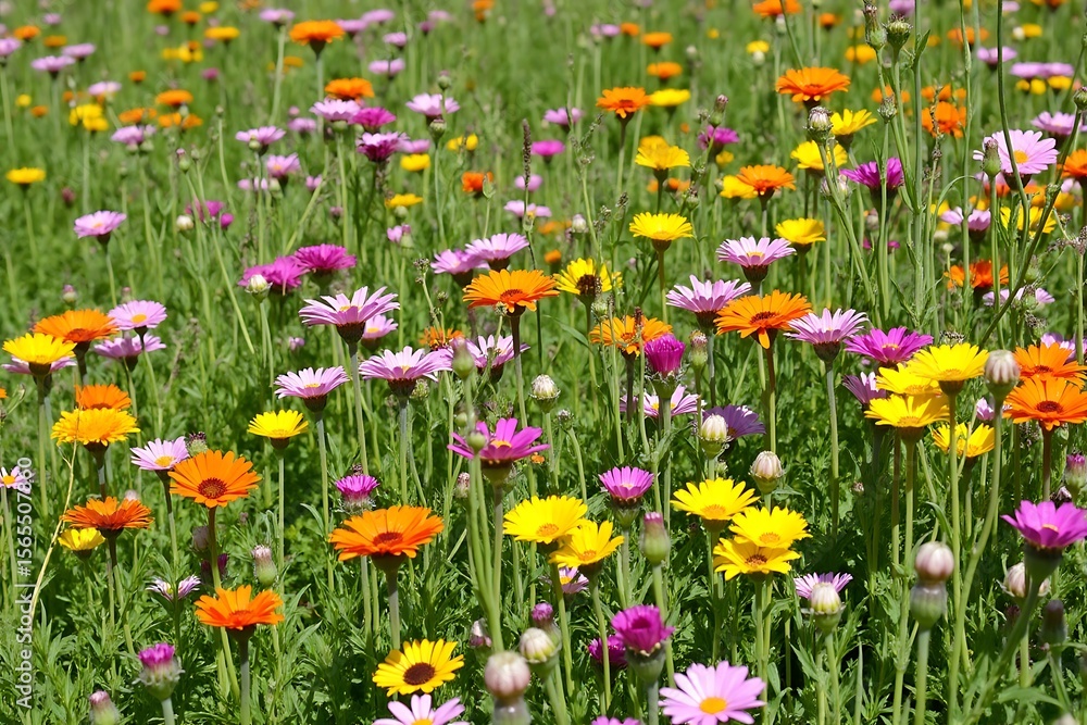 Vibrant Meadow of Colorful Wildflowers Blooming in Springtime Sunlight Creating a Picturesque and Cheerful Floral Landscape Vibrant Meadow of Colorful Wildflowers Blooming in Springtime Sunlight Creating a Picturesque and Cheerful Floral Landscape
