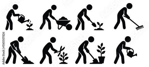 Gardening-themed stickman silhouettes showing planting, watering, raking, and soil work in black vector