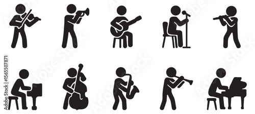 Stickman icon set of musicians playing violin, guitar, cello, and other musical instruments in black silhouette style