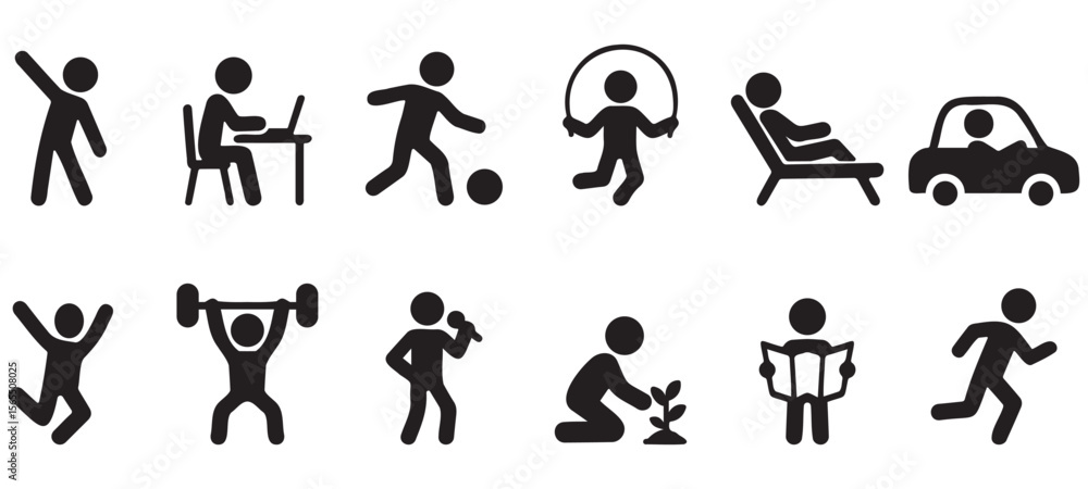 Naklejka premium Stickman silhouettes representing walking, running, resting, waiting, playing, and general daily human activities