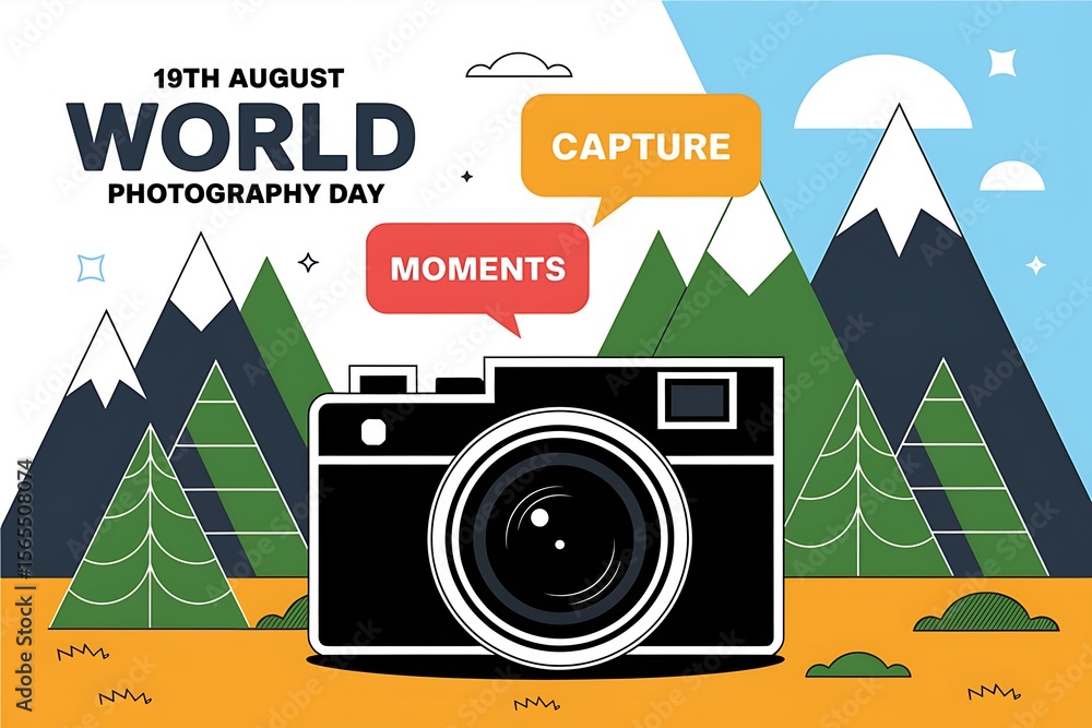 Obraz premium World photography day is celebrated with a camera and mountain scene