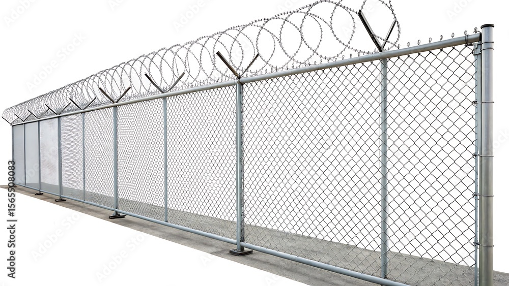 Fototapeta premium Chain link fence with barbed wire top isolated on a white background. AI GENERATED. 