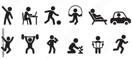 Stickman silhouettes representing walking, running, resting, waiting, playing, and general daily human activities