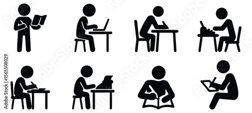 Stickman silhouettes showing people reading, writing, and studying at desks in educational and work-related position