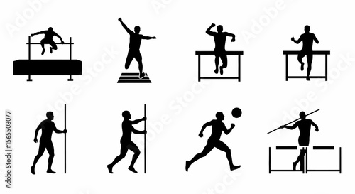Black Silhouettes of Athletes Performing Various Sports Activities on White Background