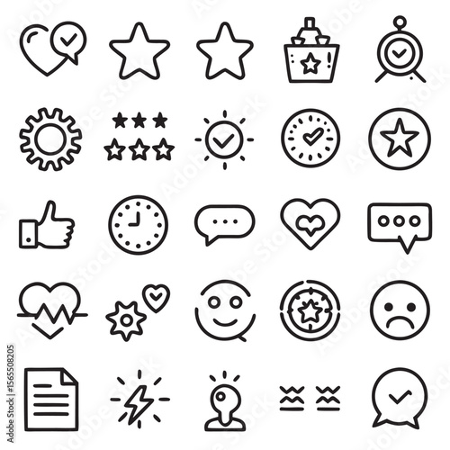 A set of black vector web icons and doodle illustrations with arrows, circles, and business symbols