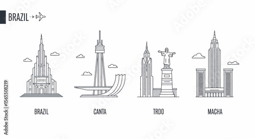 Line Art Illustration of Four Brazilian Landmarks: Tall Building, Tower, Statue, and Modern Complex