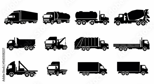 Black Silhouette Collection of Various Trucks and Transportation Vehicles