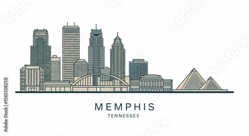 Memphis, Tennessee Skyline with Iconic Pyramids, Line Art Style