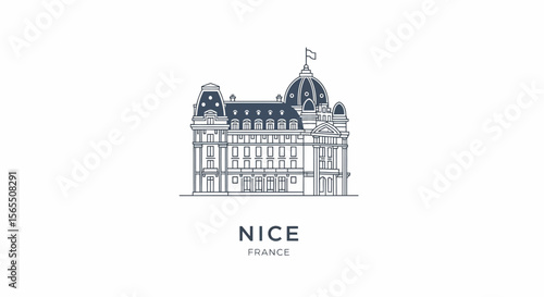 Line Art Illustration of a Grand Building in Nice, France, Featuring a Domed Roof and Flag