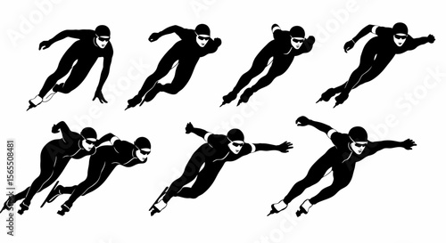 Speed Skating Silhouettes of Athletes in Action, Various Poses