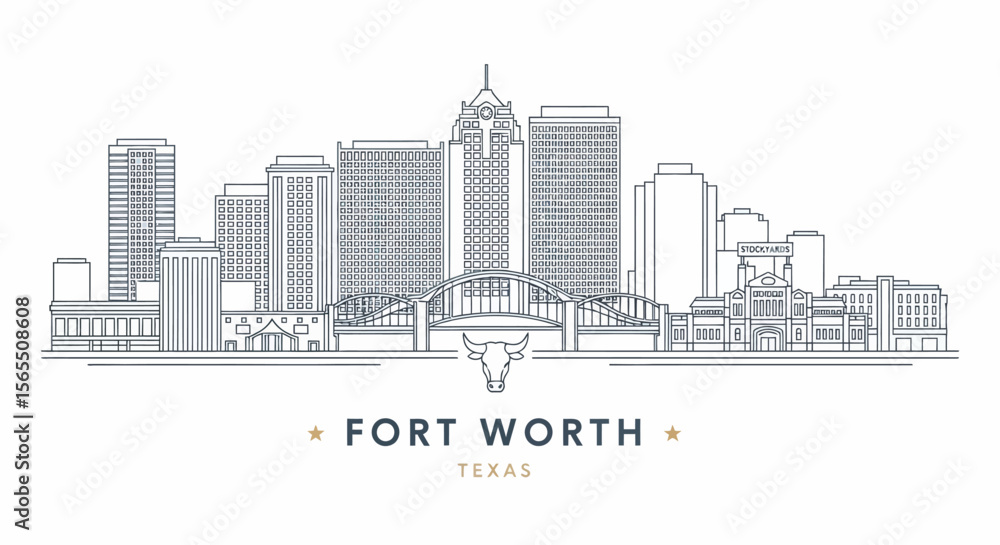 Linear Skyline Illustration of Fort Worth, Texas, Featuring Buildings, Bridge, and Longhorn Symbol Linear Skyline Illustration of Fort Worth, Texas, Featuring Buildings, Bridge, and Longhorn Symbol