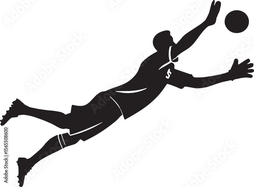 Minimalist silhouette of a goalkeeper diving sideways to stop the ball, ideal for modern sports graphics and branding.