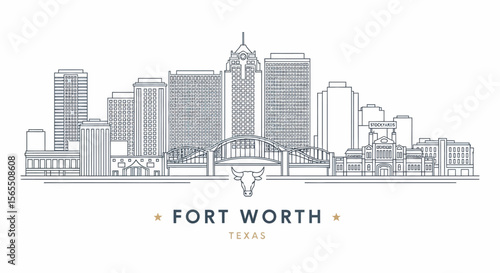 Foto Linear Skyline Illustration of Fort Worth, Texas, Featuring Buildings, Bridge, a