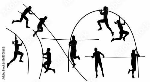 Black Silhouette of Pole Vaulters in Action, White Background, Dynamic Poses