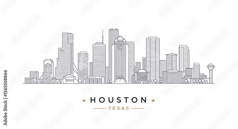 Naklejka premium Outline Drawing of Houston, Texas Skyline with Modern Skyscrapers