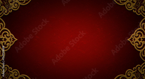 Deep red background with fabric-like textures and embossed golden elements, luxurious oriental style.