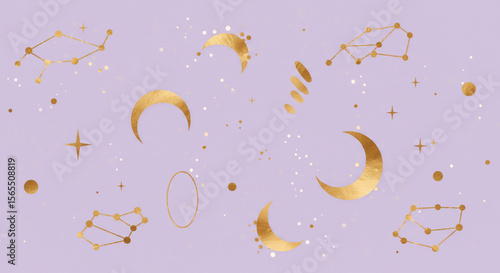 Soft lilac background with golden celestial shapes and stars, boho minimalist style with mystical vibes.