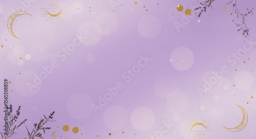 Soft lilac background with golden celestial shapes and stars, boho minimalist style with mystical vibes.