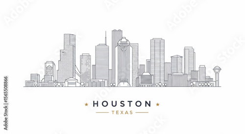 Outline Drawing of Houston, Texas Skyline with Modern Skyscrapers