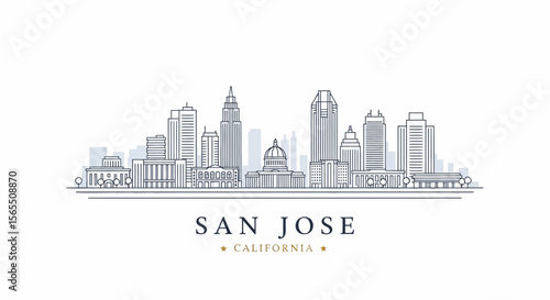 San Jose California Skyline Illustration with Buildings and Structures in Line Art