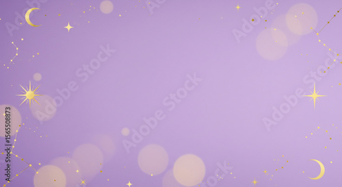 Soft lilac background with golden celestial shapes and stars, boho minimalist style with mystical vibes.
