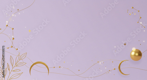 Soft lilac background with golden celestial shapes and stars, boho minimalist style with mystical vibes.