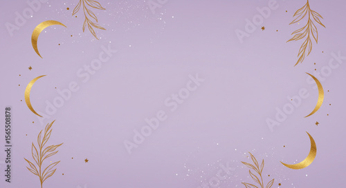Soft lilac background with golden celestial shapes and stars, boho minimalist style with mystical vibes.