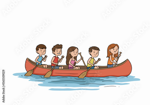 Illustration of a group of five happy children paddling a canoe together on the water, depicting summer fun, teamwork, and outdoor adventure.